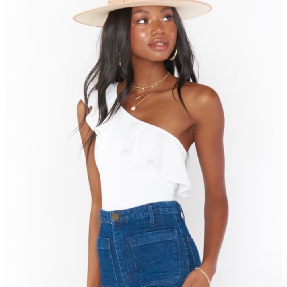 Women’s White One-Shoulder Ruffle Bodysuit New XS Show Me Your Mumu